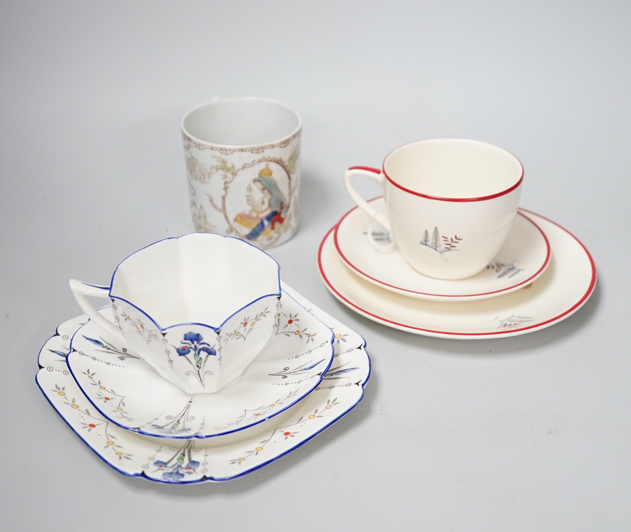 A Shelley Art Deco Blue Iris Queen Anne shape teaset and a Crown Devon cup, saucer, side plate and jug